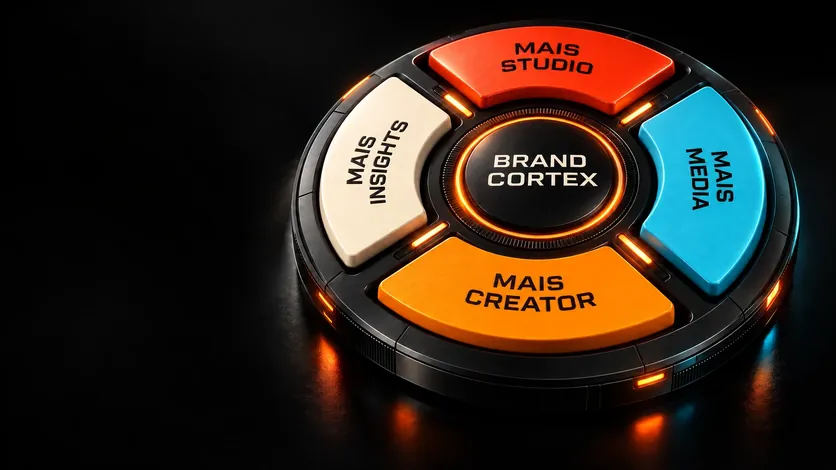 Console circular retrofuturista com Brand Cortex e os módulos MAIS Estúdio, Insights, Mídia e Creator